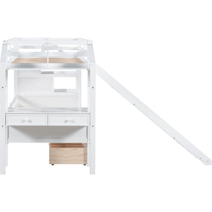 Twin over Twin Bunk Bed with Storage Staircase, Slide and Drawers, Desk with Drawers and Shelves, White