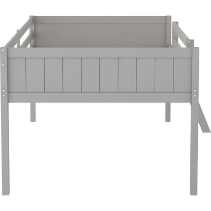 Full Size Wood Low Loft Bed with Ladder, ladder can be placed on the left or right, Gray