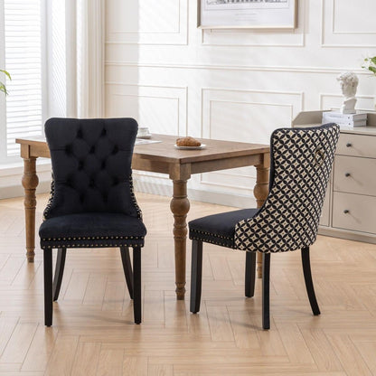 Classic Velvet Dining Chairs, High-end Tufted Solid Wood Contemporary Velvet Upholstered Dining Chair with Wood Legs Nailhead, SET OF 2,Black and Patterned