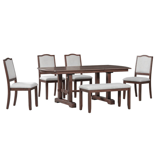 6-Piece Extendable Dining Table Set, 60–78 in. Wood Table with Removable Leaf, 4 Upholstered Chairs and Bench, Cherry Finish