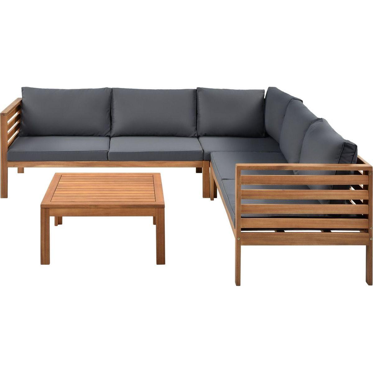 Wood Structure Outdoor Sofa Set with gray Cushions Exotic design Water-resistant and UV Protected texture High quality acacia wood Strong Metal Accessories