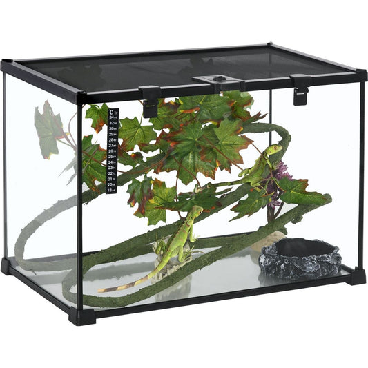 14 Gallon Reptile Glass Terrarium Tank with Decor Kit, Breeding Box Full View with Visually Appealing Sliding Screen Top for Lizards, Frogs, Snakes, Spiders, 20" x 12" x 14", Black