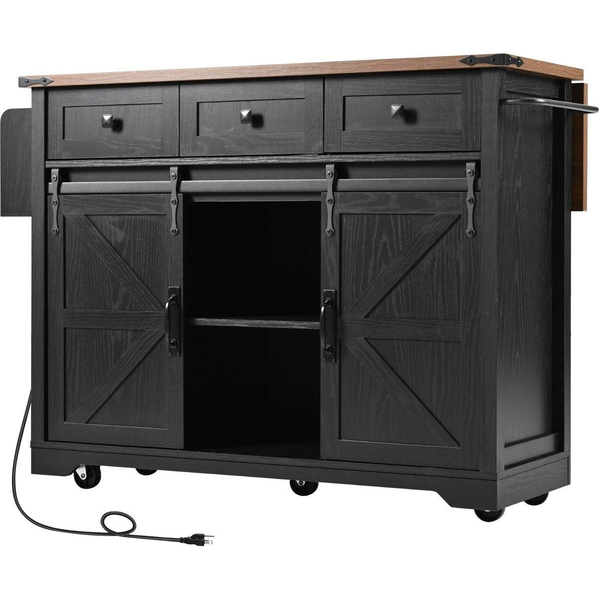 53.7" Farmhouse Kitchen Island with Power Outlet, 2 Sliding Barn Door Kitchen Storage Island with Drop Leaf, Spice Rack Rolling Kitchen Cart on Wheels, for Home, Kitchen and Dining Room, Black