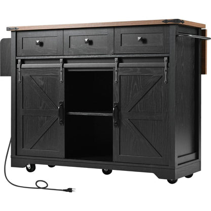 53.7" Farmhouse Kitchen Island with Power Outlet, 2 Sliding Barn Door Kitchen Storage Island with Drop Leaf, Spice Rack Rolling Kitchen Cart on Wheels, for Home, Kitchen and Dining Room, Black
