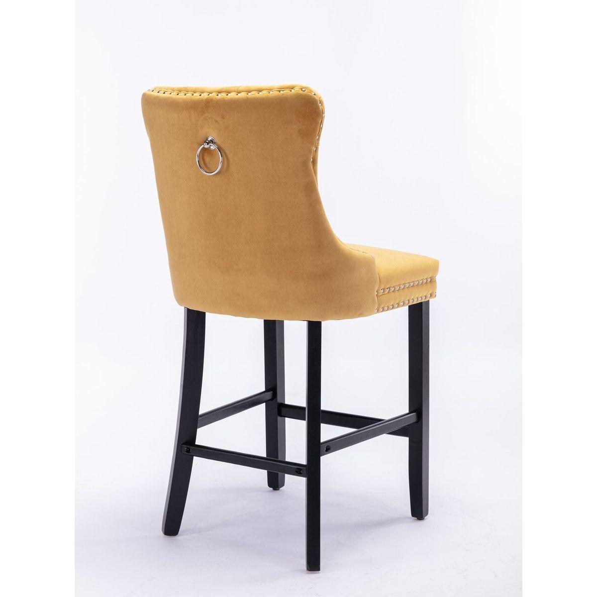 Contemporary Velvet Upholstered Barstools with Button Tufted Decoration and Wooden Legs, and Chrome Nailhead Trim, Leisure Style Bar Chairs,Bar stools, Set of 2 (Golden)