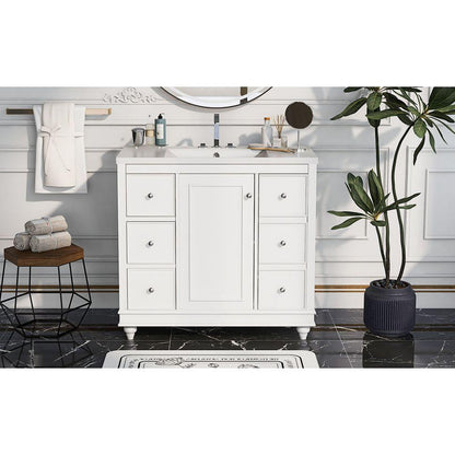 Contemporary White Bathroom Vanity Cabinet - 36x18x34 inches, 4 Drawers & 1 Cabinet Door, Multipurpose Storage, Resin Integrated Sink, Adjustable Shelves, Solid Wood Frame with MDF