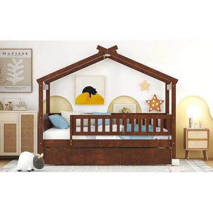 Twin Size Wooden House Bed with Twin Size Trundle, Walnut