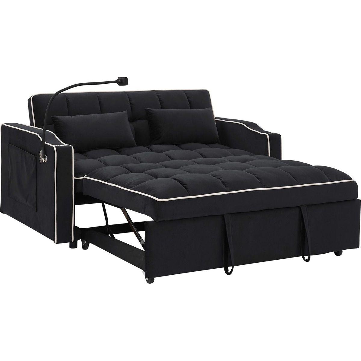 55.51 inch versatile foldable sofa bed in 3 lengths, modern sofa sofa sofa velvet pull-out bed, adjustable back and with USB port and ashtray and swivel phone stand (Black)