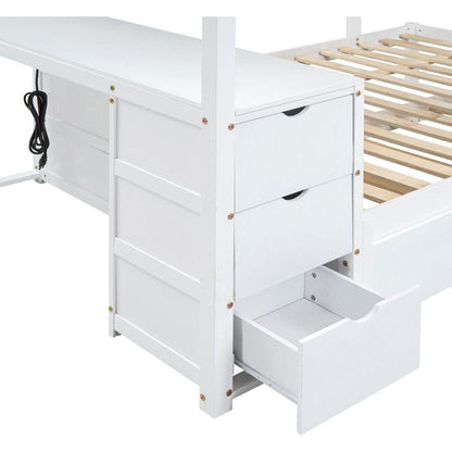 Full-Over-Full Bunk Bed with Twin size Trundle, Storage and Desk, White