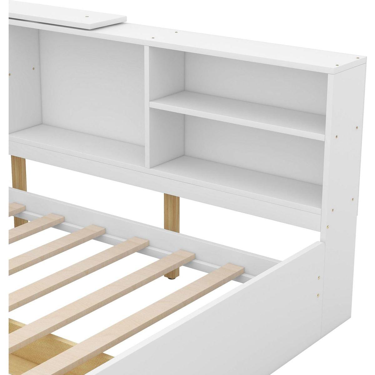 Wood Twin Size platform bed with Storage Headboard, Shelves and 2 Drawers, White