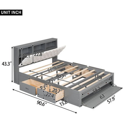 Wood Queen Size Platform Bed with Storage Headboard, shoe rack and 4 drawers,Gray