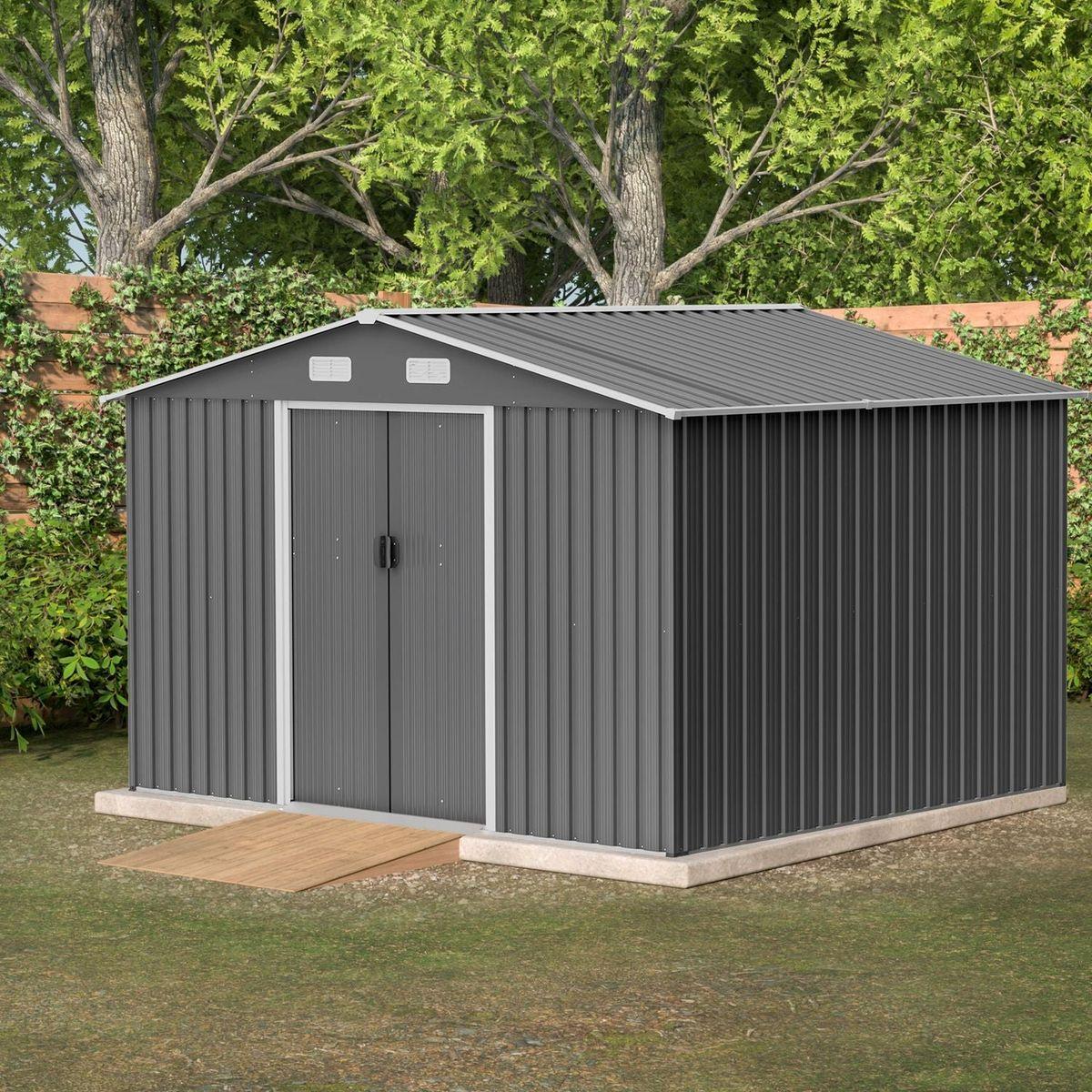 10X8 FT Outdoor Storage Shed, Metal Foundation & Lockable Doors, Tool Shed for Garden, Patio, Backyard, Lawn, Grey - Streamdale Furniture