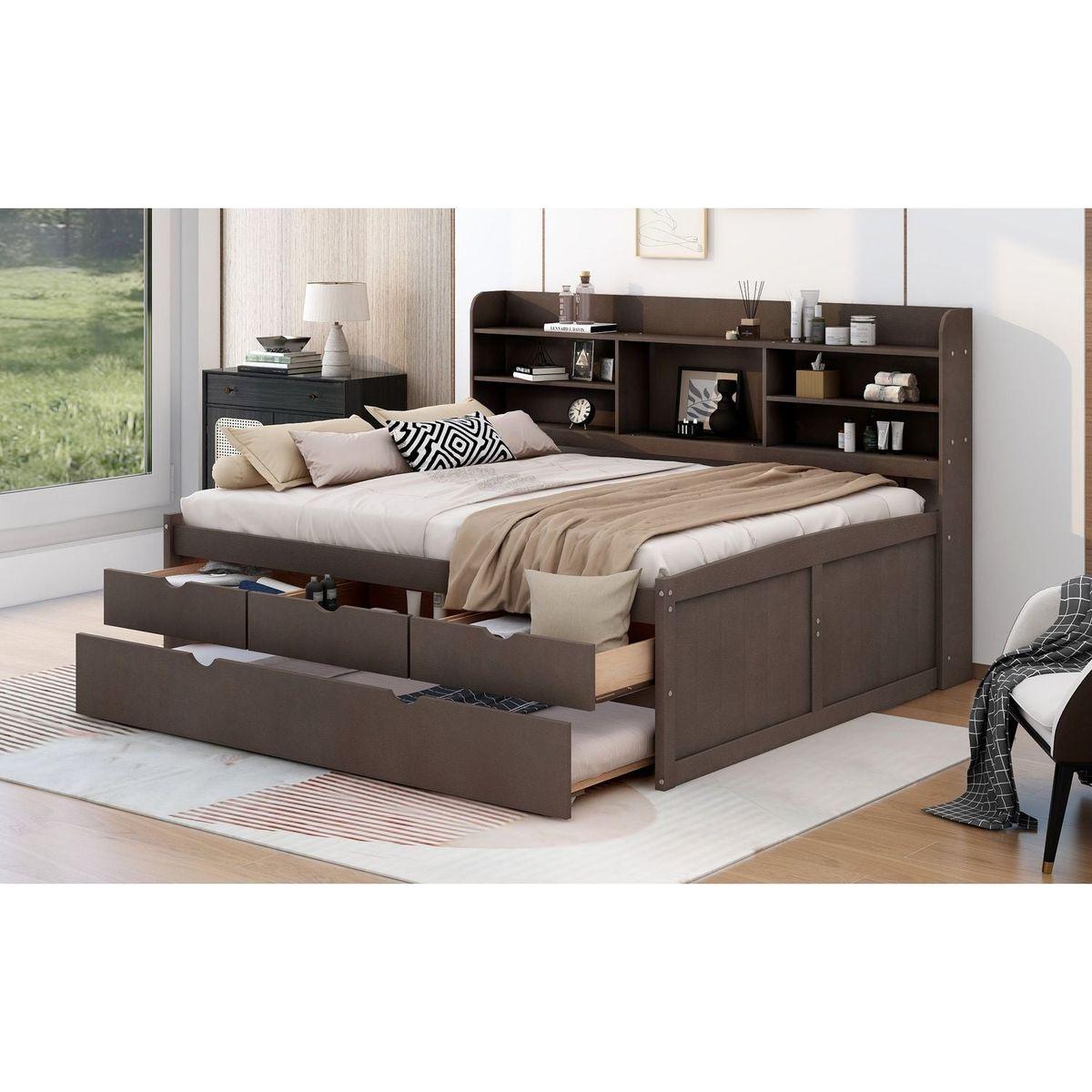 Full Size Wooden Captain Bed with Built-in Bookshelves,Three Storage Drawers and Trundle,Antique Grey - Streamdale Furniture