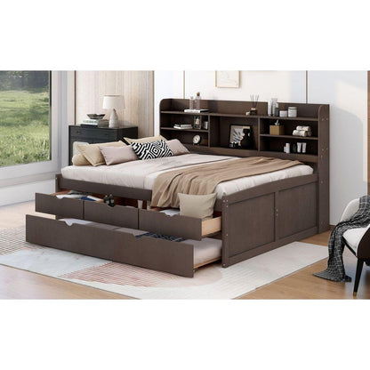 Full Size Wooden Captain Bed with Built-in Bookshelves,Three Storage Drawers and Trundle,Antique Grey - Streamdale Furniture