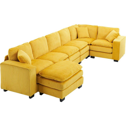 Modern U Shaped 6-seat Sectional Sofa Couch with one Ottoman and three toss pillows, Modular Sofa for Living Room,Corduroy sofa