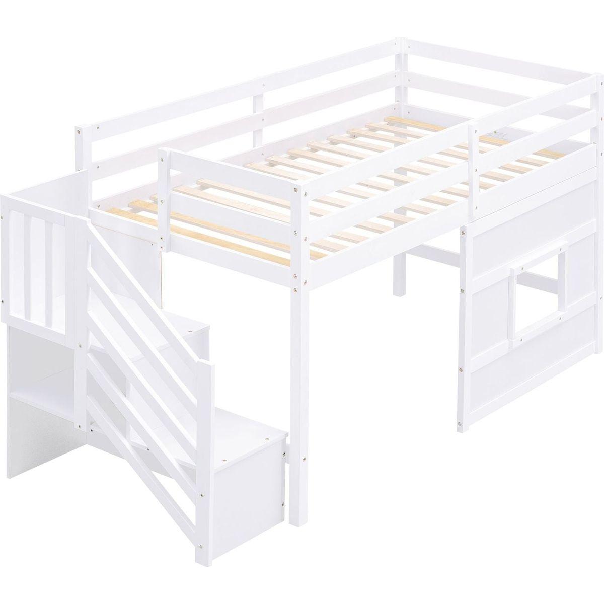 Twin Size Loft Bed with Storage Staircase and Window, White