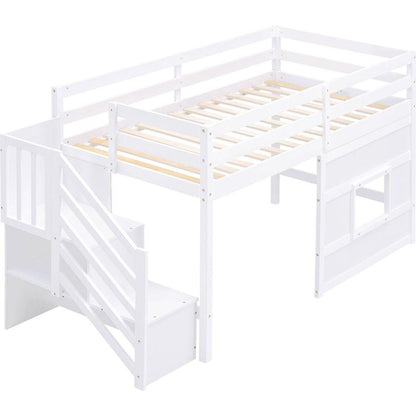 Twin Size Loft Bed with Storage Staircase and Window, White