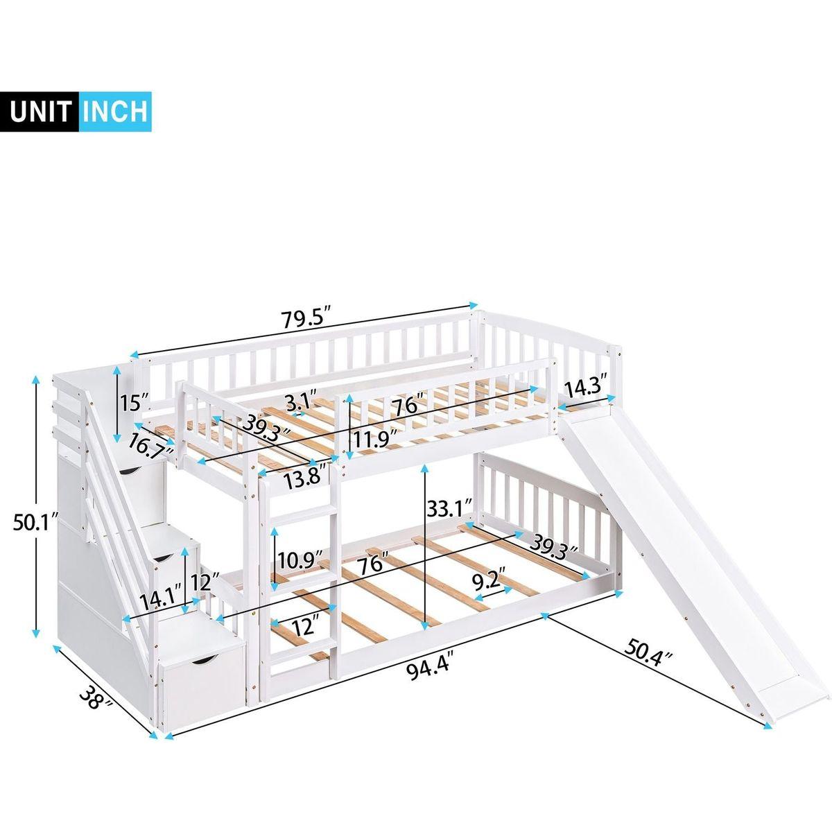 Stairway Twin over Twin Bunk Bed with Two Drawers and Slide, White