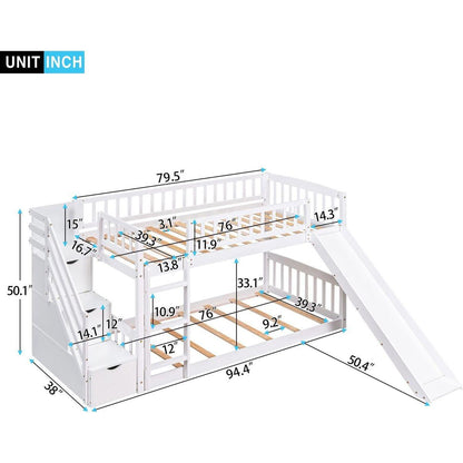 Stairway Twin over Twin Bunk Bed with Two Drawers and Slide, White
