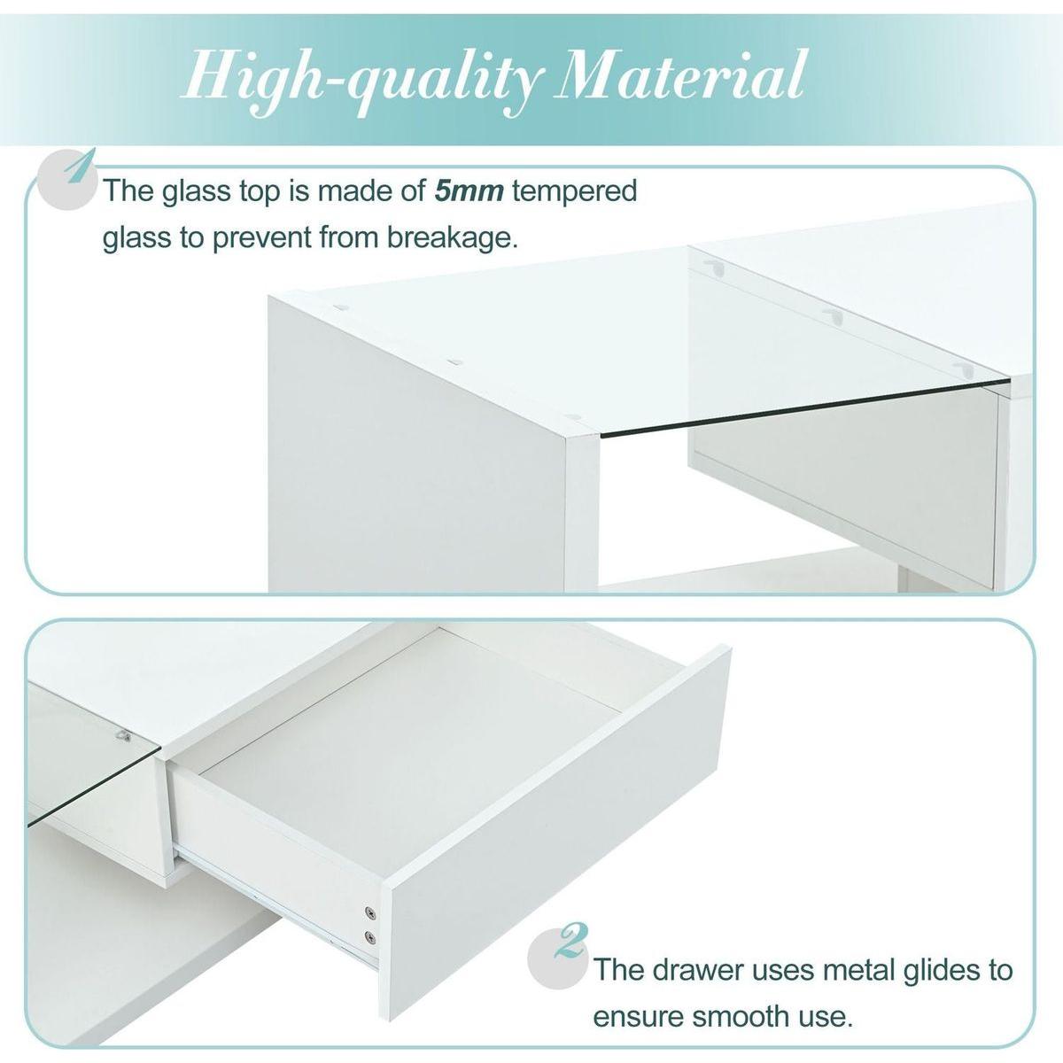 Modern Coffee Table with Tempered Glass, Wooden Cocktail Table with High-gloss UV Surface, Modernist 2-Tier Rectangle Center Table for Living Room, White