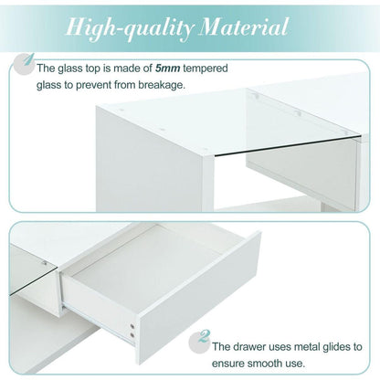 Modern Coffee Table with Tempered Glass, Wooden Cocktail Table with High-gloss UV Surface, Modernist 2-Tier Rectangle Center Table for Living Room, White