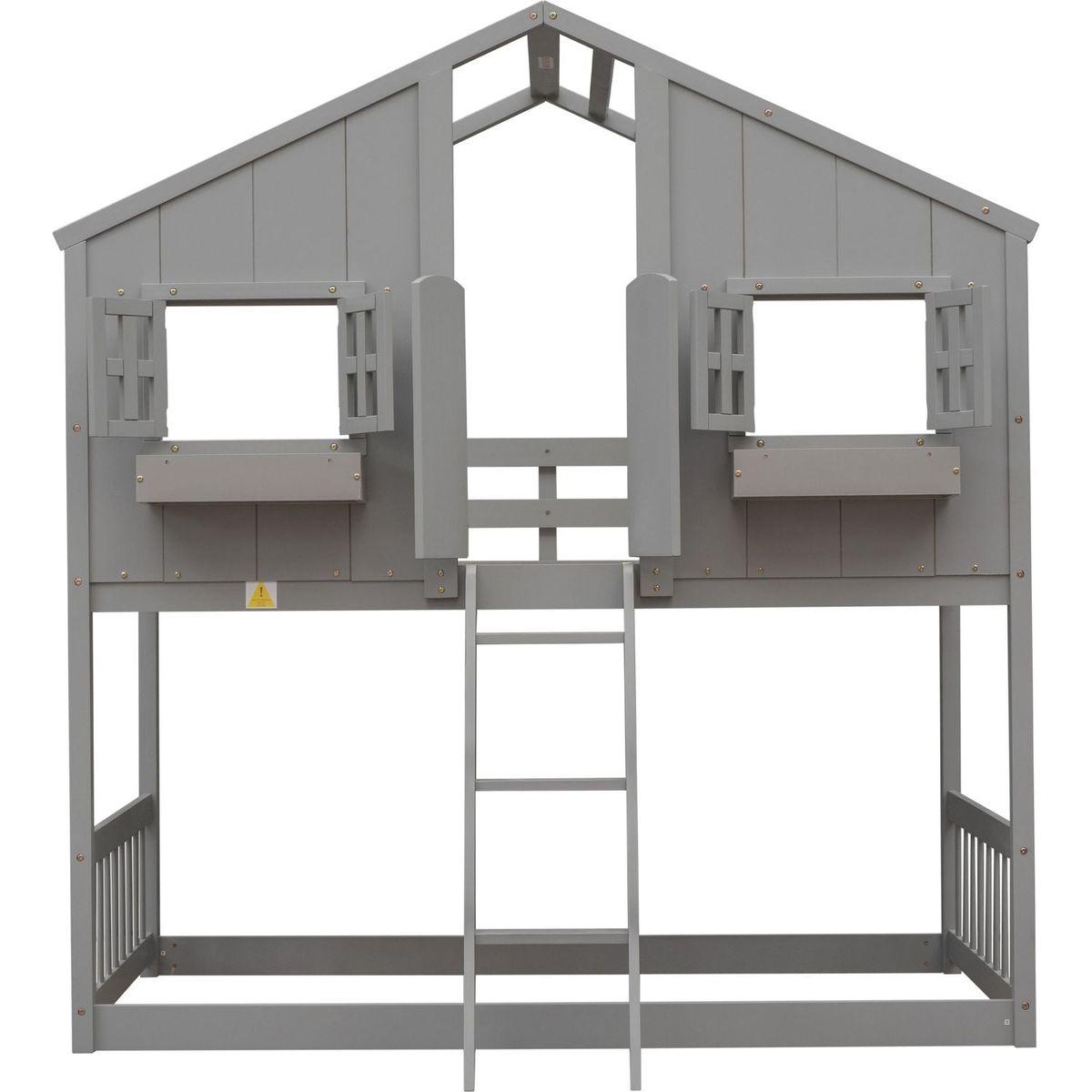 Twin over Twin House Bunk Bed with Roof, Window, Window Box, Door, with Safety Guardrails and Ladder, Grey