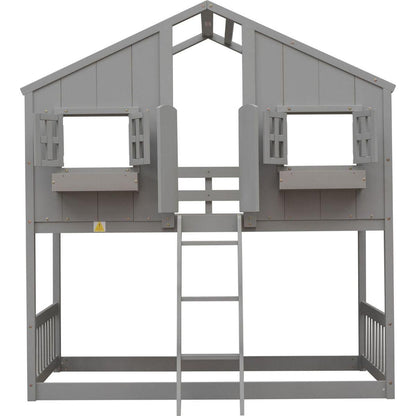 Twin over Twin House Bunk Bed with Roof, Window, Window Box, Door, with Safety Guardrails and Ladder, Grey
