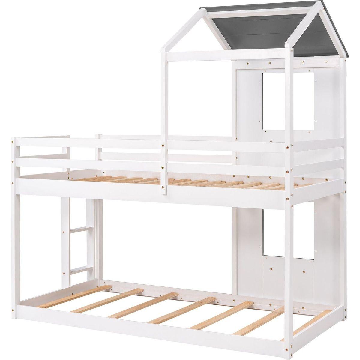 Twin Over Twin Bunk Bed Wood Bed with Roof, Window, Guardrail, Ladder (White)