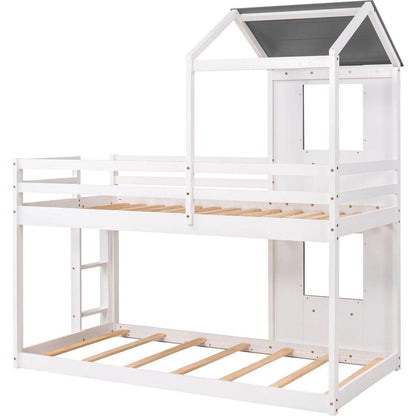 Twin Over Twin Bunk Bed Wood Bed with Roof, Window, Guardrail, Ladder (White)