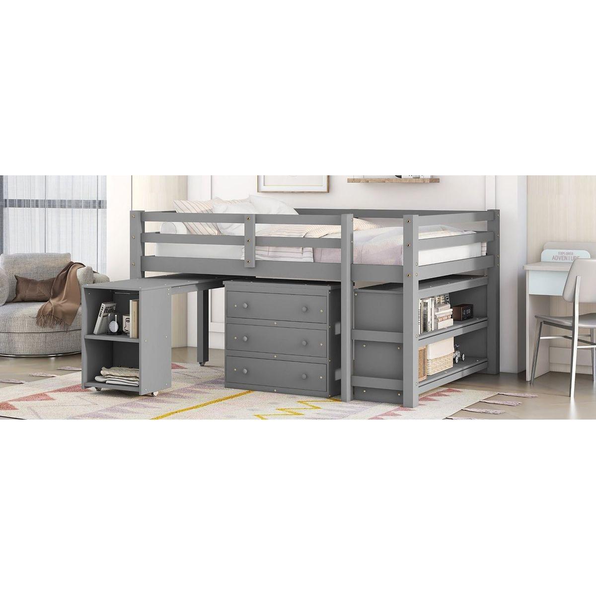 Low Study Full Loft Bed with Cabinet, Shelves and Rolling Portable Desk, Multiple Functions Bed- Gray