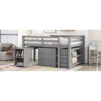 Low Study Full Loft Bed with Cabinet, Shelves and Rolling Portable Desk, Multiple Functions Bed- Gray