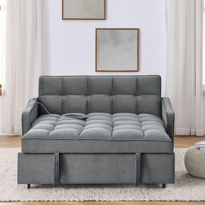 Loveseats Sofa Bed with Pull-out Bed,Adjustable Back and Two Arm Pocket,TypeC and USB Charging with Copper nail,Grey (47"x53"x31")