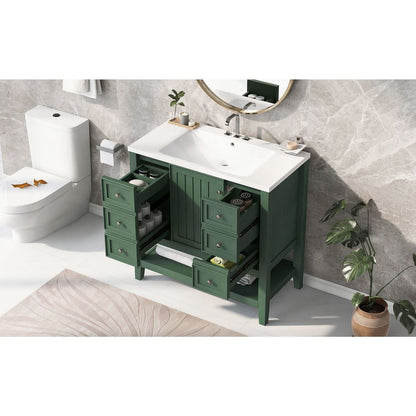 36" Bathroom Vanity with Sink Combo, One Cabinet and Three Drawers, Solid Wood and MDF Board, Green