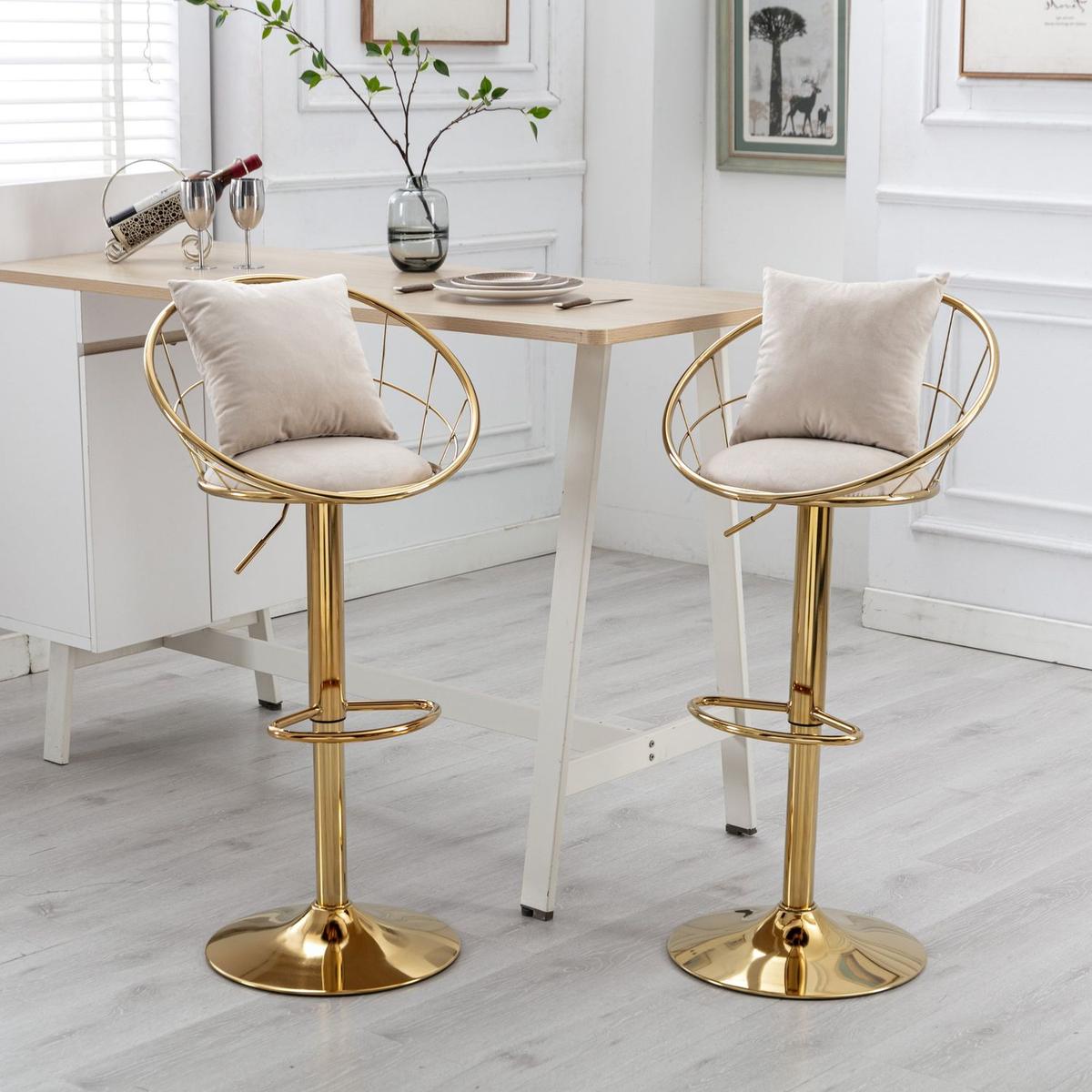 Off-White velvet bar chair, pure gold plated, unique design,360 degree rotation, adjustable height,Suitable for Dining room and bar,set of 2