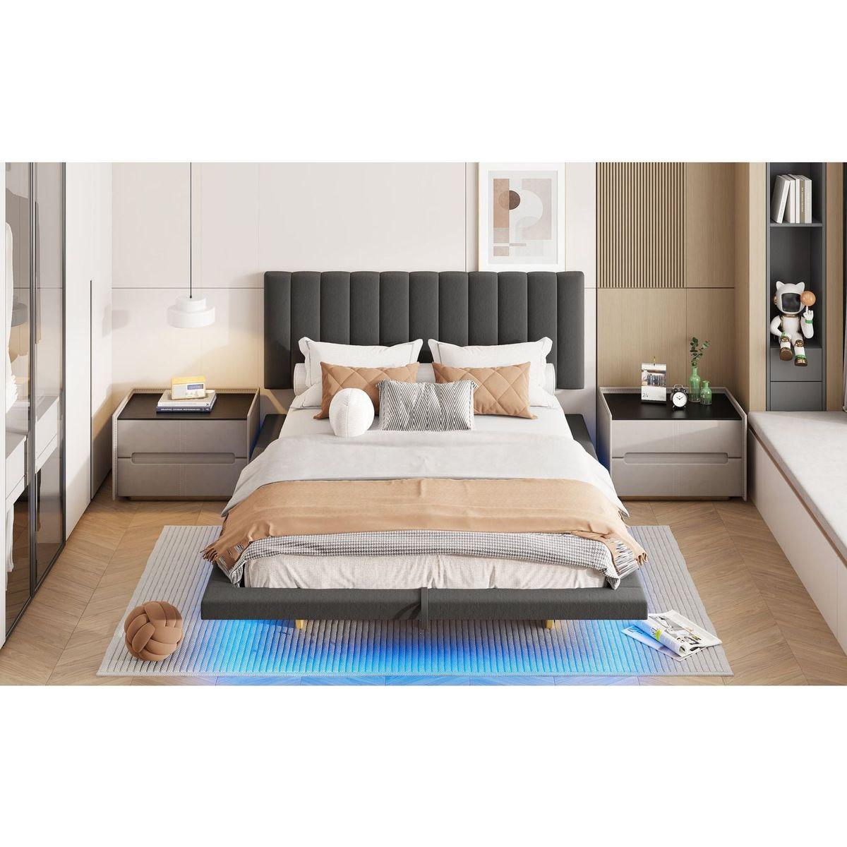 Queen Size Upholstered Floating Bed with LED Light and USB Port, Velvet, Gray, Hydrualic Platform Bed