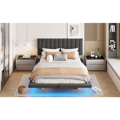 Queen Size Upholstered Floating Bed with LED Light and USB Port, Velvet, Gray, Hydrualic Platform Bed