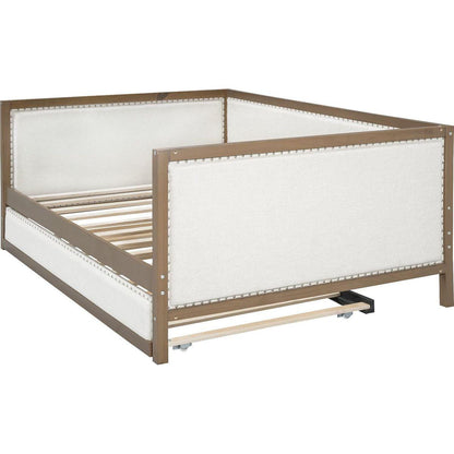 Full Size Upholstered Daybed with Trundle and Nailhead Decoration, Wood Color