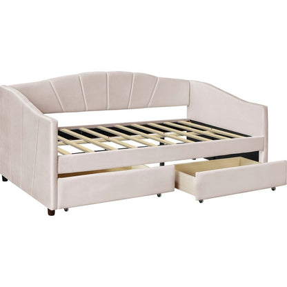 Upholstered daybed Twin Size with Two Drawers and Wood Slat, Beige