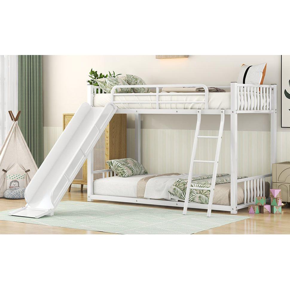 Metal Bunk Bed with Slide, Twin over Twin, White