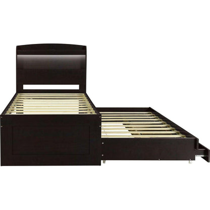 Twin XL Size Platform Bed with Storage LED Headboard, Charging Station, Twin Size Trundle and 2 Drawers, Dark Brown