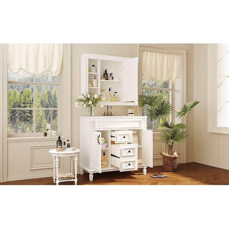 36" Bathroom Vanity with Top Sink, White Mirror Cabinet, Modern Bathroom Storage Cabinet with 2 Soft Closing Doors and 2 Drawers, Single Sink Bathroom Vanity