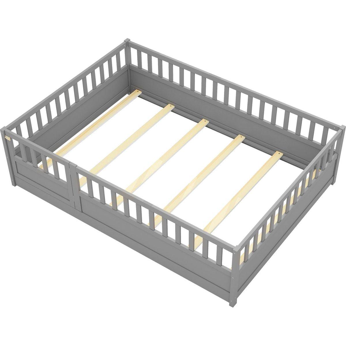 Full size Floor bed, integral construction with super high security barrier, door, children's floor bed frame, Montessori wooden children's floor bed, Support slat Grey