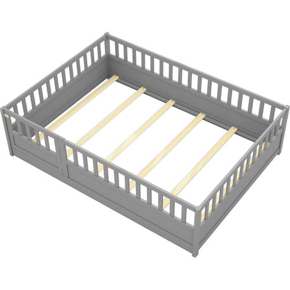 Full size Floor bed, integral construction with super high security barrier, door, children's floor bed frame, Montessori wooden children's floor bed, Support slat Grey