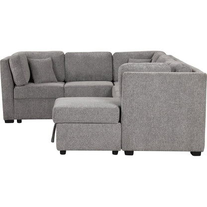 108.6" U-shaped Sectional Sofa Pull out Sofa Bed with Two USB Ports, Two Power Sockets, Three Back Pillows and a Storage Chaise for Living Room, Light Gray