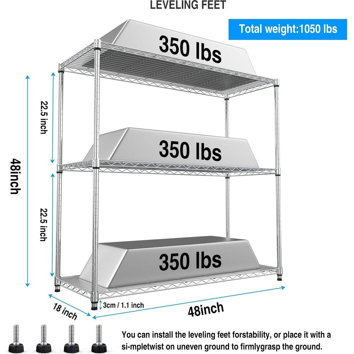 3 Tier Wire Shelving Unit, 1050 LBS NSF Height Adjustable Metal Garage Storage Shelves, Heavy Duty Storage Wire Rack Metal Shelves - Chrome