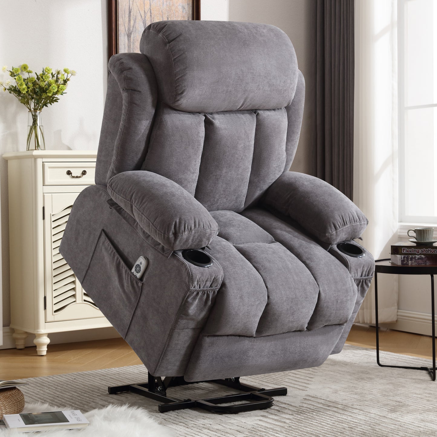 Power Lift Recliner Chair with Heat and Massage Electric Fabric Recliner Chair for Elderly with Side Pocket, USB Charge Port, Remote Control for Living Room (Grey)A+B