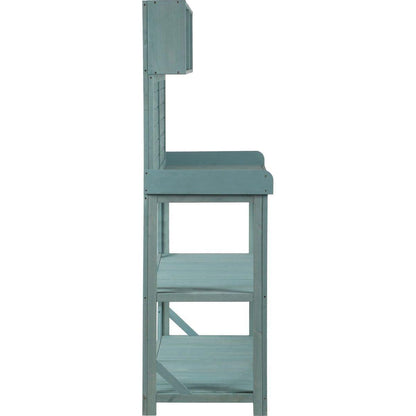 65" Large Wooden Farmhouse Rustic Outdoor Potting Bench Table, Patio Workstation, Garden Potting Bench with 4 Storage Shelves and Side Hook,Green