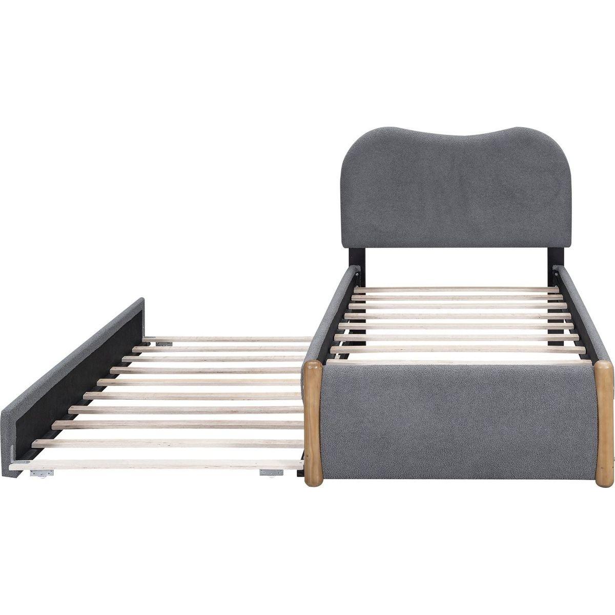 Twin Size Upholstered Platform Bed with Wood Supporting Feet and Twin Size Trundle, Gray