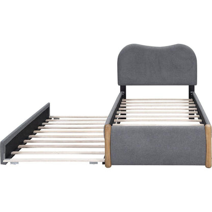 Twin Size Upholstered Platform Bed with Wood Supporting Feet and Twin Size Trundle, Gray