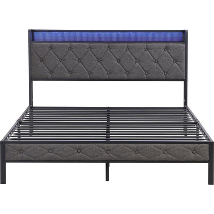 Full Bed Frame with Storage Headboard, Charging Station and LED Lights, Upholstered Platform Bed with Heavy Metal Slats, No Box Spring Needed, Noise Free, Easy Assembly, Dark Gray